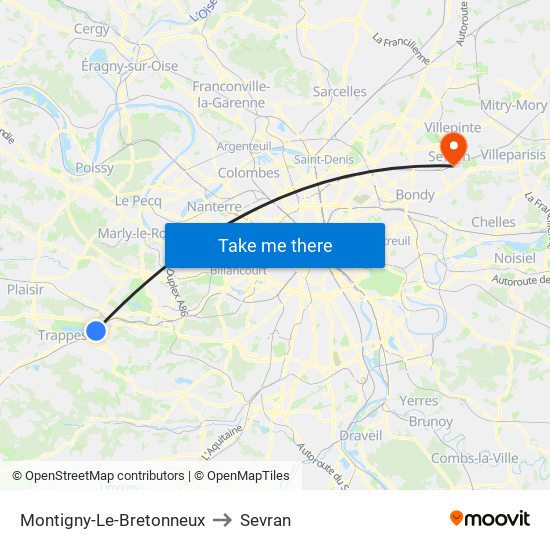 Montigny-Le-Bretonneux to Sevran map