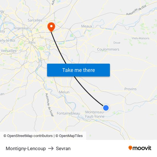 Montigny-Lencoup to Sevran map