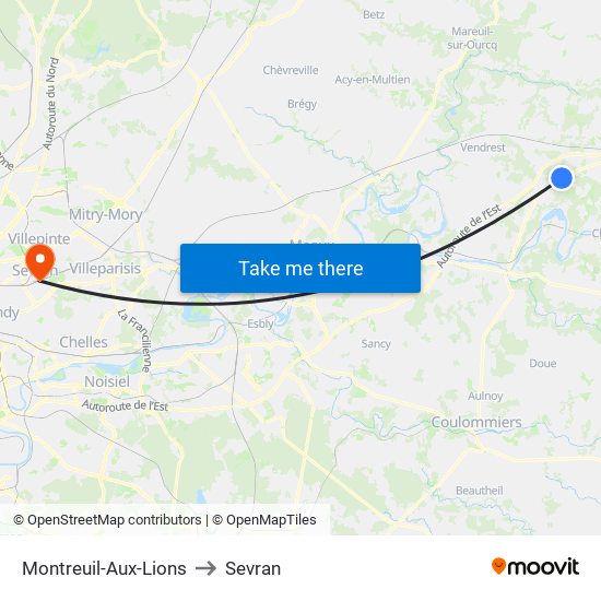 Montreuil-Aux-Lions to Sevran map