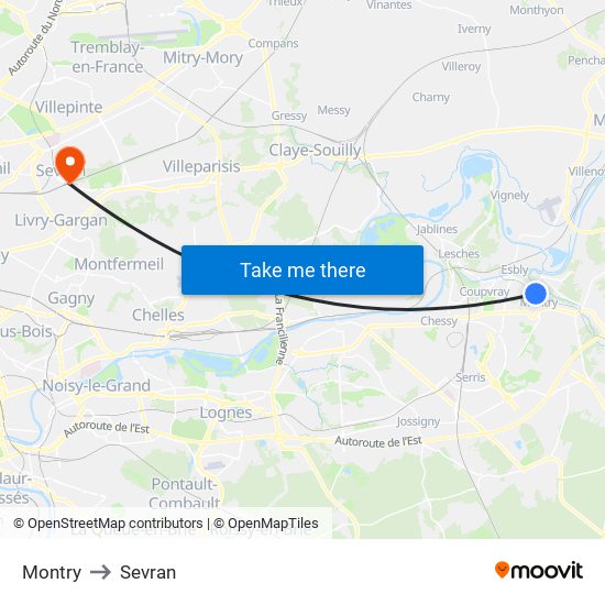 Montry to Sevran map