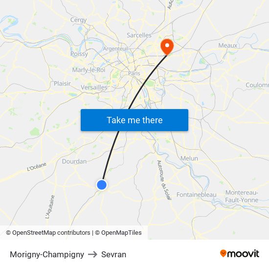 Morigny-Champigny to Sevran map