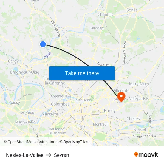 Nesles-La-Vallee to Sevran map