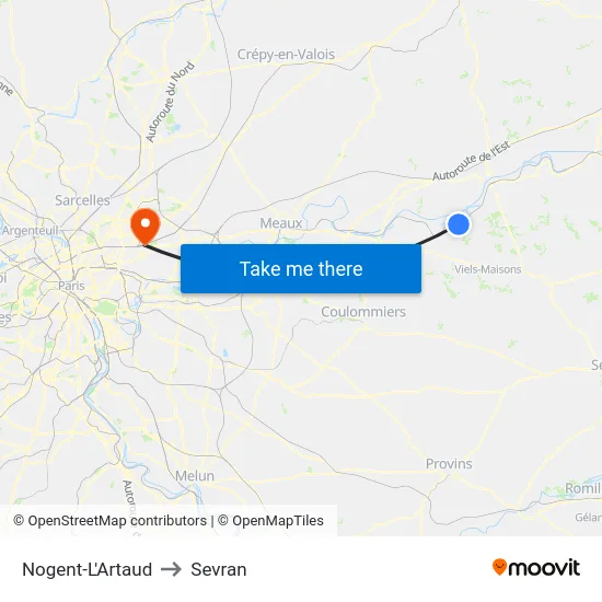 Nogent-L'Artaud to Sevran map