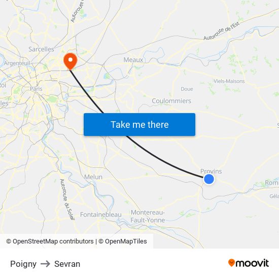 Poigny to Sevran map