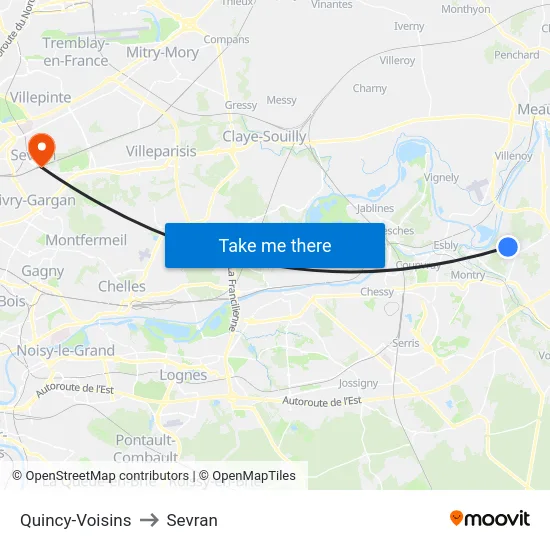 Quincy-Voisins to Sevran map