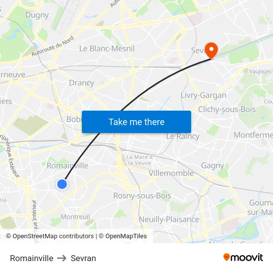 Romainville to Sevran map