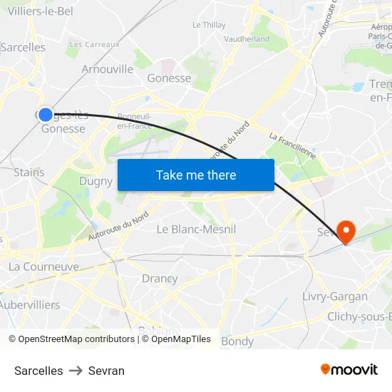 Sarcelles to Sevran map