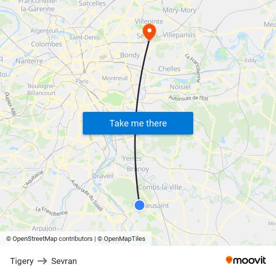 Tigery to Sevran map