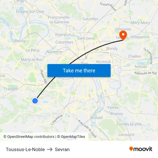 Toussus-Le-Noble to Sevran map