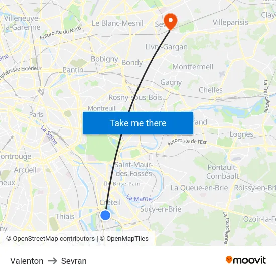 Valenton to Sevran map