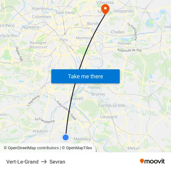 Vert-Le-Grand to Sevran map