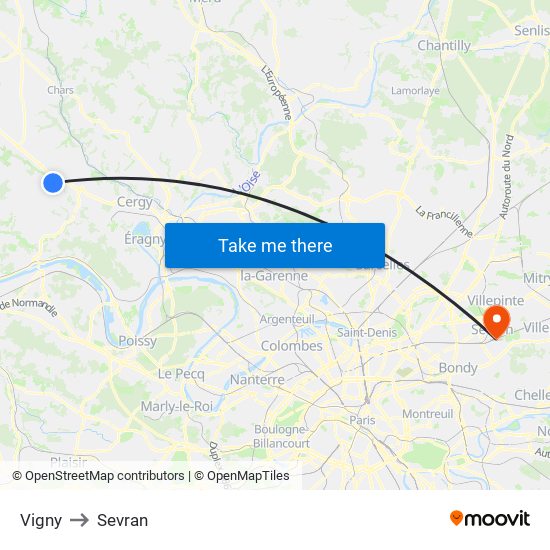 Vigny to Sevran map