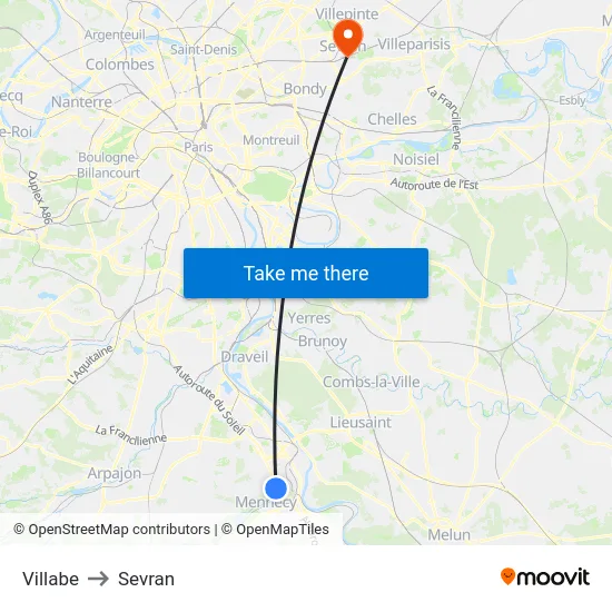 Villabe to Sevran map