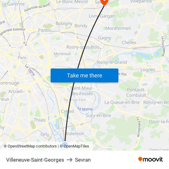 Villeneuve-Saint-Georges to Sevran map