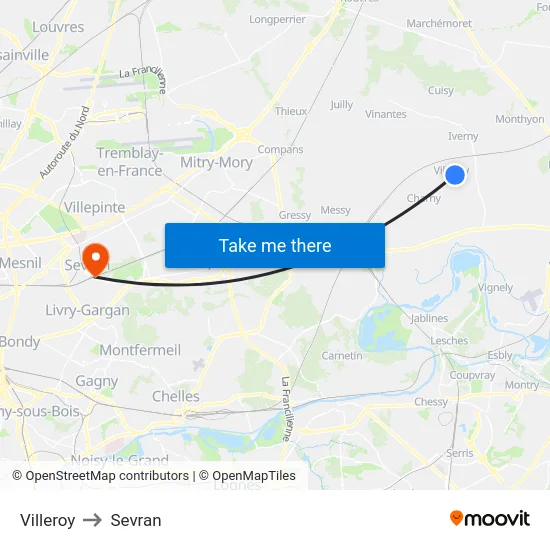 Villeroy to Sevran map