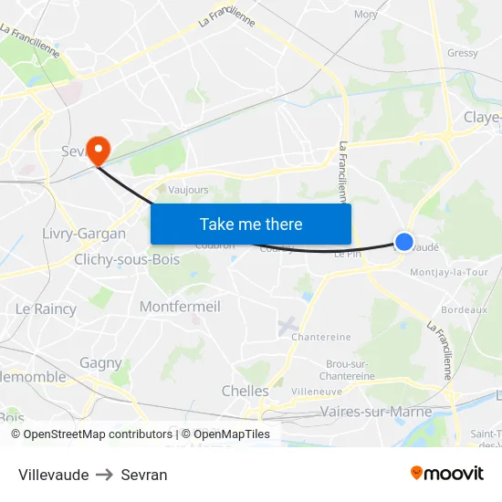 Villevaude to Sevran map
