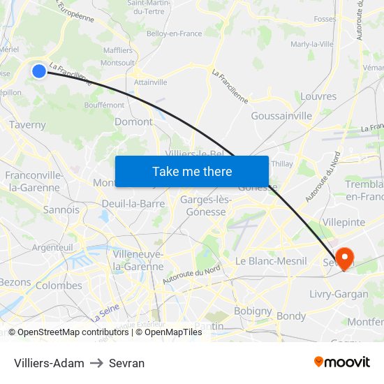Villiers-Adam to Sevran map