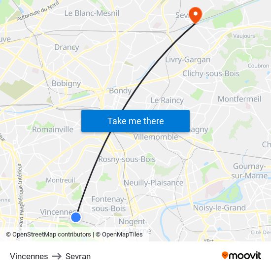 Vincennes to Sevran map