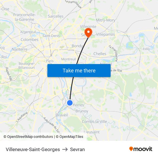 Villeneuve-Saint-Georges to Sevran map