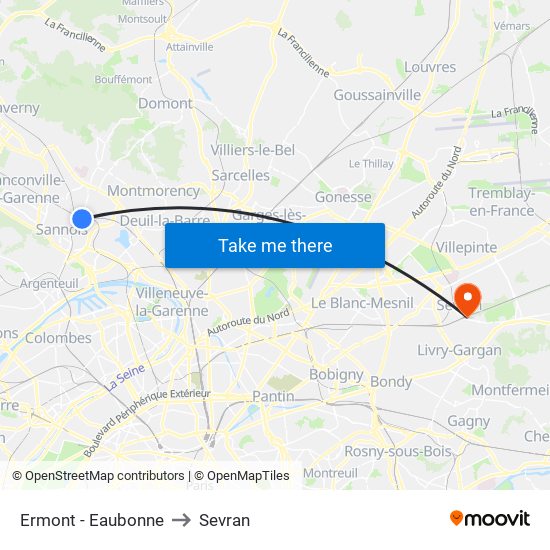 Ermont - Eaubonne to Sevran map