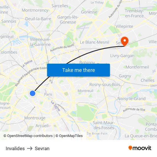 Invalides to Sevran map
