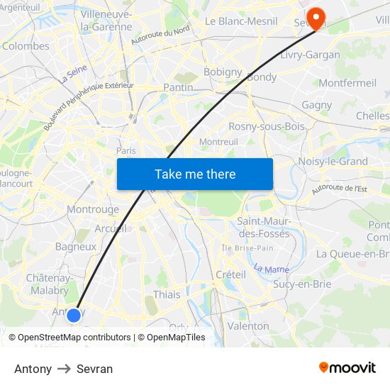 Antony to Sevran map