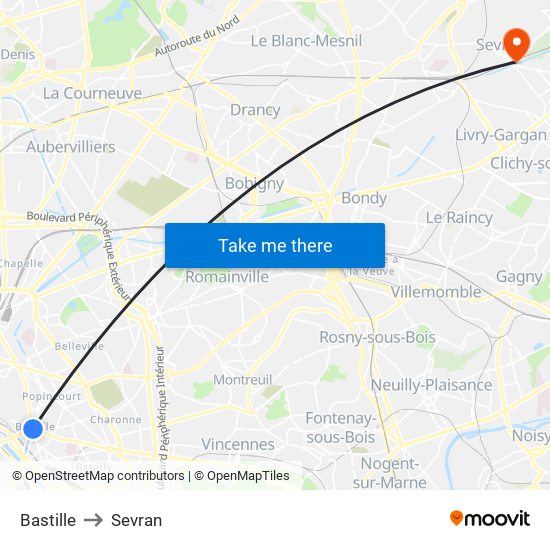 Bastille to Sevran map