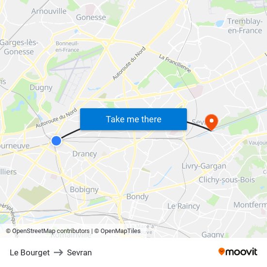 Le Bourget to Sevran map