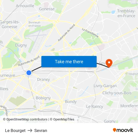 Le Bourget to Sevran map
