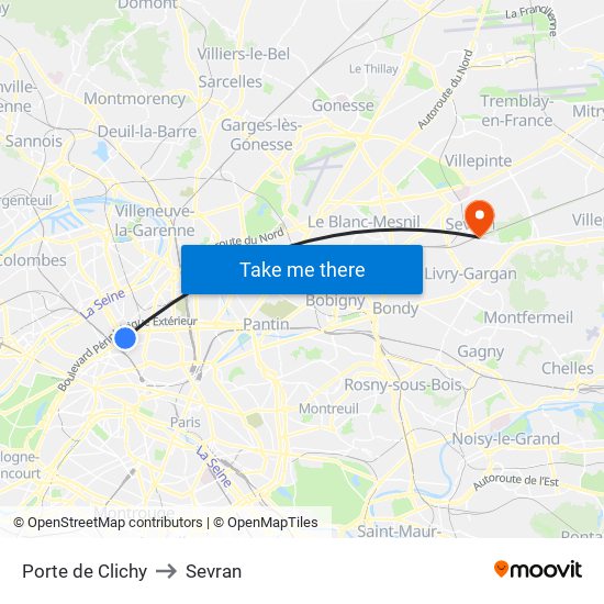 Porte de Clichy to Sevran map