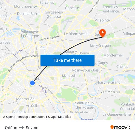 Odéon to Sevran map