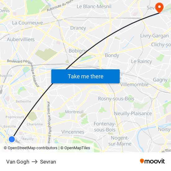 Van Gogh to Sevran map