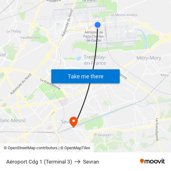 Aéroport Cdg 1 (Terminal 3) to Sevran map