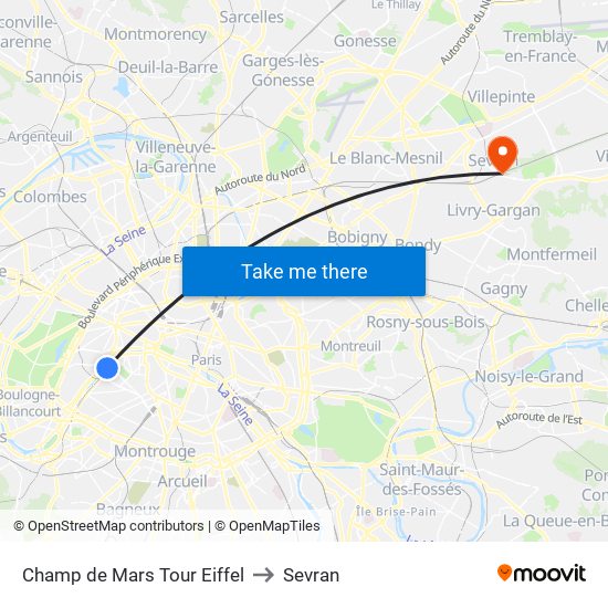 Champ de Mars Tour Eiffel to Sevran map