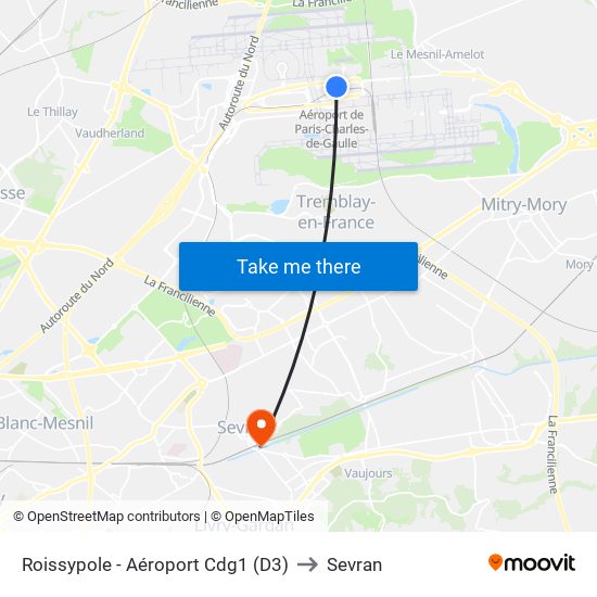 Roissypole - Aéroport Cdg1 (D3) to Sevran map