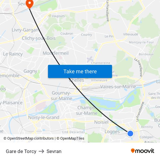 Gare de Torcy to Sevran map