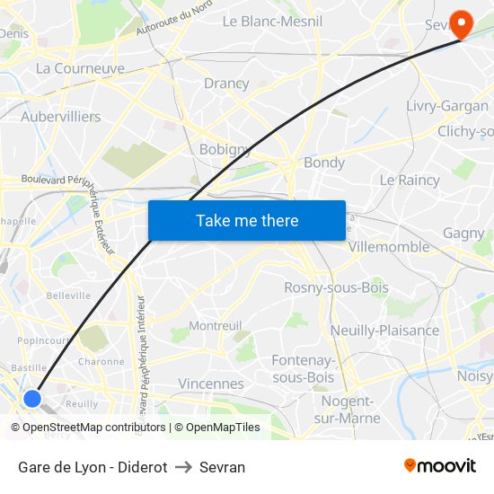 Gare de Lyon - Diderot to Sevran map