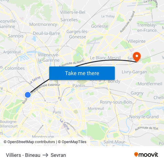 Villiers - Bineau to Sevran map