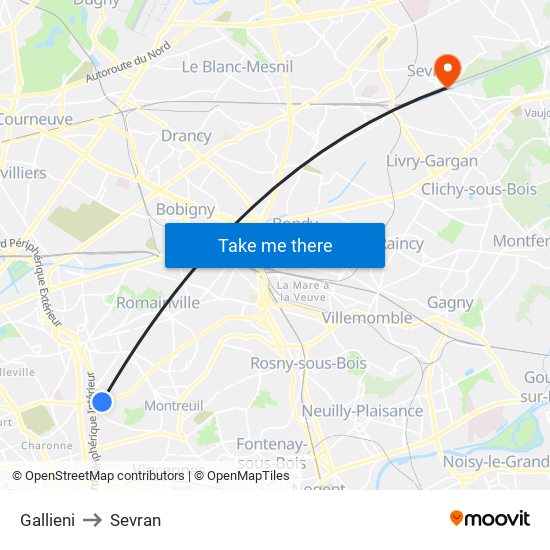 Gallieni to Sevran map