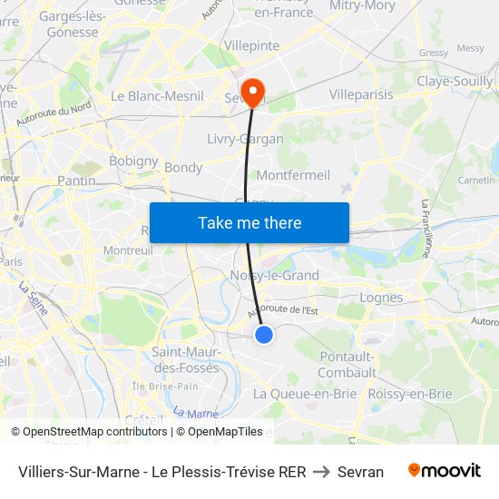 Villiers-Sur-Marne - Le Plessis-Trévise RER to Sevran map