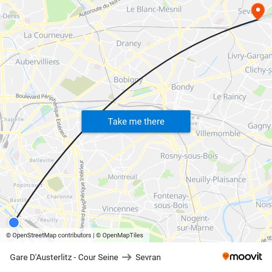 Gare D'Austerlitz - Cour Seine to Sevran map