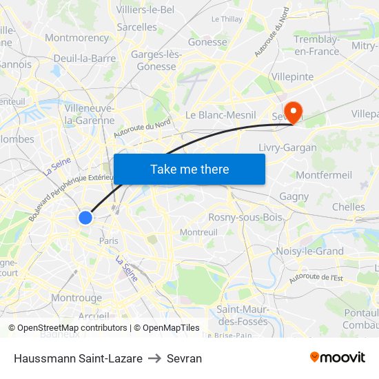 Haussmann Saint-Lazare to Sevran map