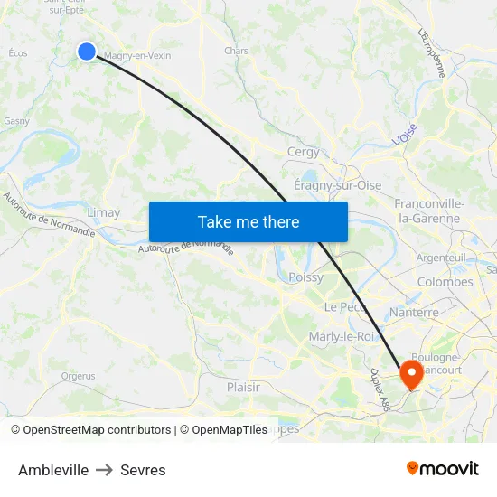 Ambleville to Sevres map