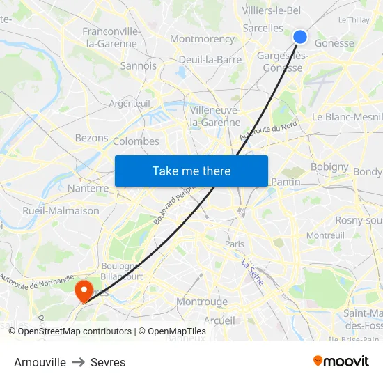 Arnouville to Sevres map