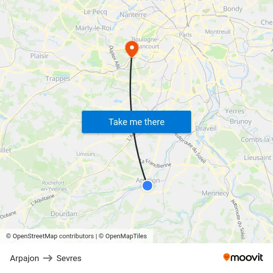 Arpajon to Sevres map