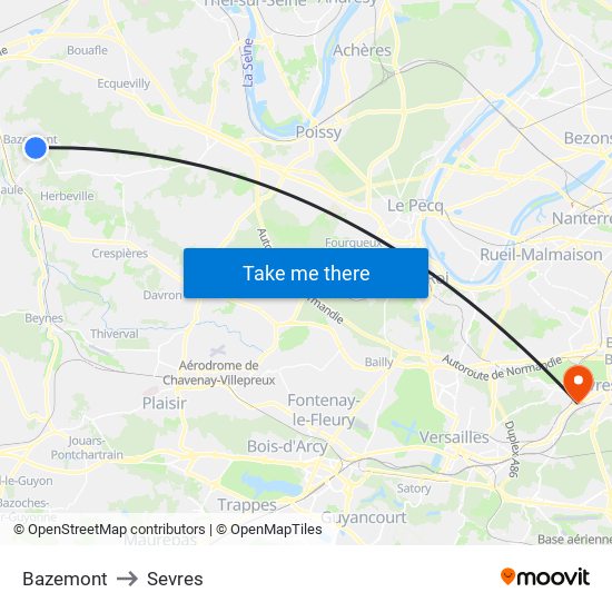 Bazemont to Sevres map
