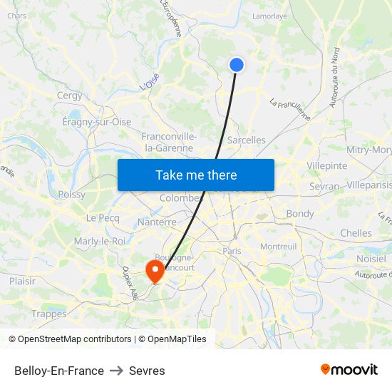 Belloy-En-France to Sevres map