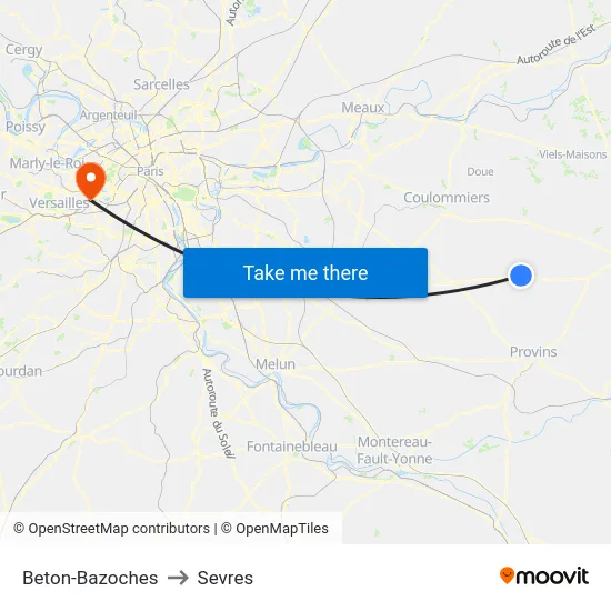 Beton-Bazoches to Sevres map