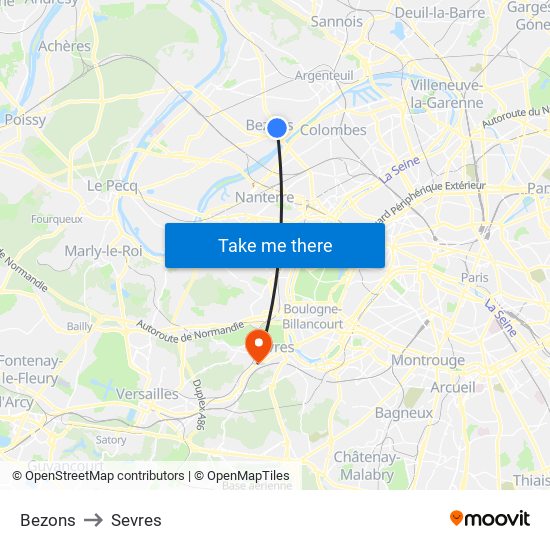 Bezons to Sevres map