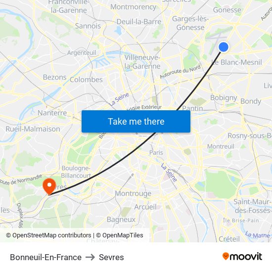 Bonneuil-En-France to Sevres map